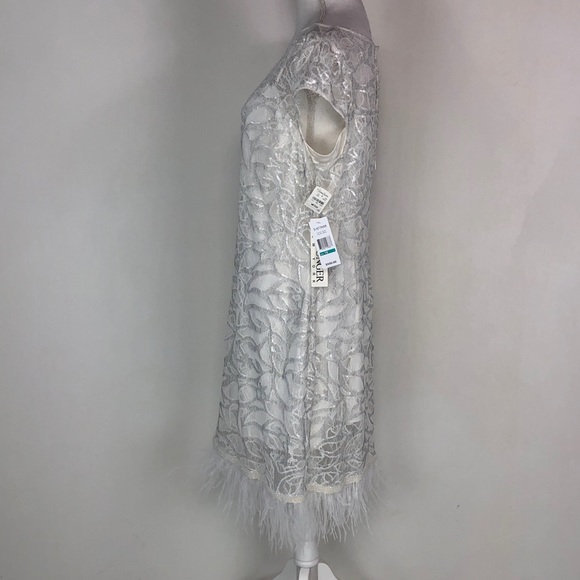 NWT Kay Unger White Sequin Feather Hem Dress - Picture 7 of 8